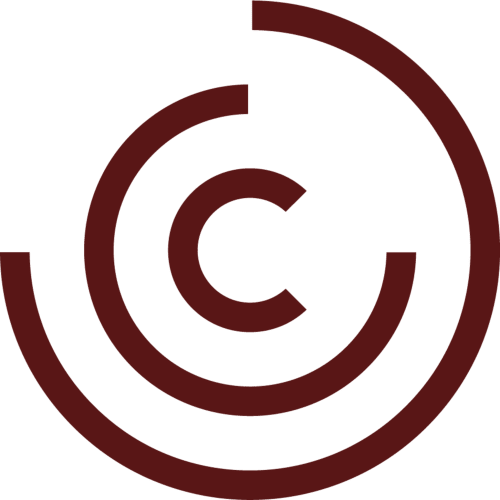 Symbole de copyright en rouge foncé, élément de marque de l'hôtel U Castellu, Viggianello
