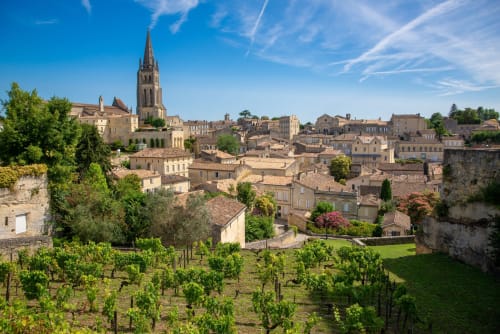 Skyline du village de Galgon avec clocher, toits en terre cuite et vignoble au premier plan, France