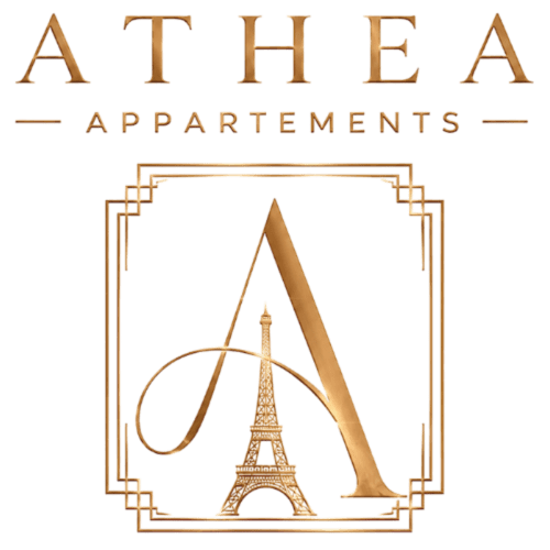 Logo ATHEA Appartements Paris avec Tour Eiffel et lettre A dorées, style Art déco