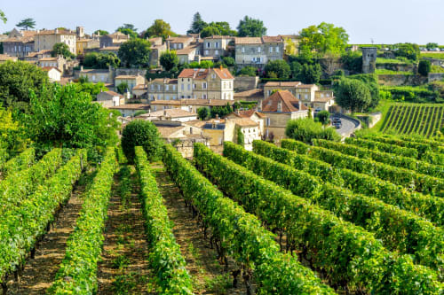 Le village de Galgon niché parmi les vignobles ondulants de la région viticole de Bordeaux, en France