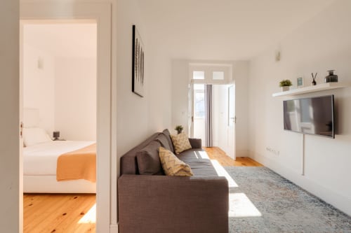 Moderno estúdio do Bom Porto Apartments no Porto com sofá marrom, TV, pisos de madeira e luminosa vista para o jardim
