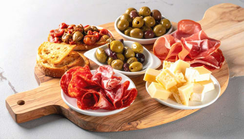 Tabla de embutidos españoles con jamón, aceitunas, quesos y pan en el Hotel Boutique Zahara, Cádiz