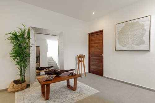 Modern villa entryway in Isla Mujeres with wooden furniture, potted plants, and sea view art on white walls