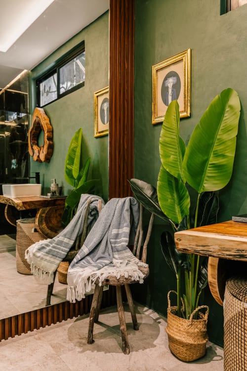 Elegant green bathroom with tropical plants, wooden furniture, and gold-framed portraits at Casa Rocka Isla Mujeres