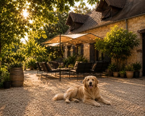 Golden Retriever se relaxant sur la terrasse de gravier du Domaine Valenquercy, un gîte de charme en Périgord