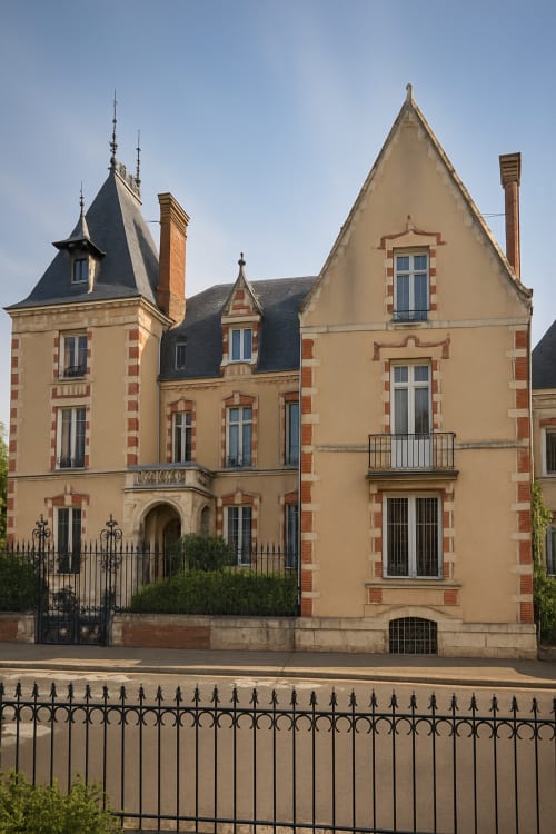 Elegant 19th-century mansion facade of Maunoury Citybreak hotel in Chartres, France, with cream and red brick architecture