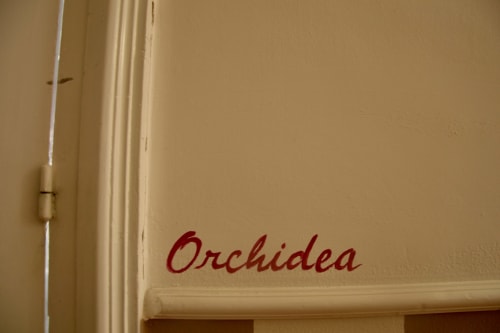 Scritta rossa 'Orchidea' del nome della camera su parete beige presso I colori della Sicilia B&B a Caltagirone, Sicilia