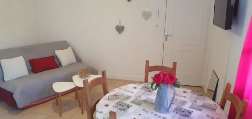 Studio confortable à Carcassonne avec canapé gris, table à manger et fleurs roses