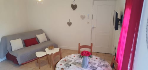 Salon douillet d'un appartement à Carcassonne avec canapé gris, table à manger fleurie et portes de penderie rose