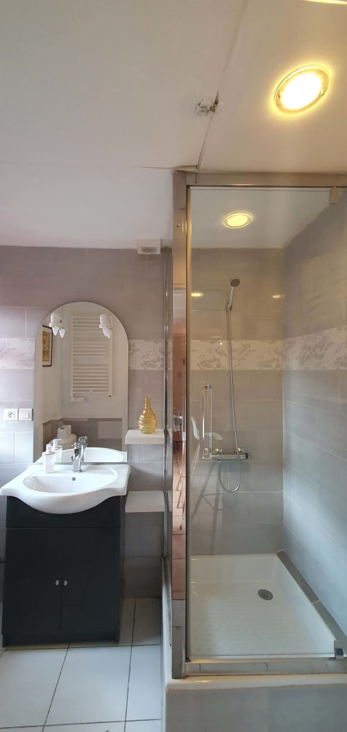 Salle de bain moderne à Carcassonne avec douche à l'italienne, vasque blanche et éclairage plafonnier
