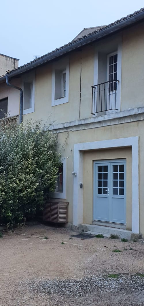 Charming French apartment entrance in Carcassonne with blue door, terracotta courtyard, and climbing ivy
