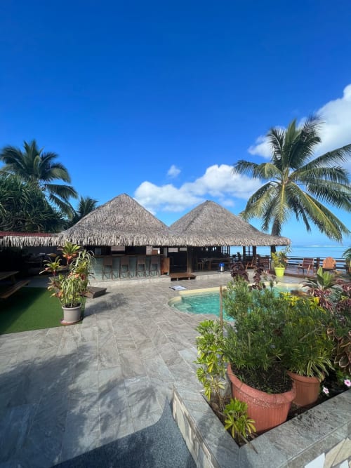 Villa tropicale avec bungalows à toit de chaume, palmiers et piscine à débordement face à l'océan à Aimehome