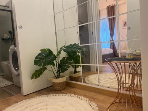 Zona living di moderno appartamento a Milano con pianta monstera, armadi con specchi e vista sulla camera da letto vicino a Bocconi