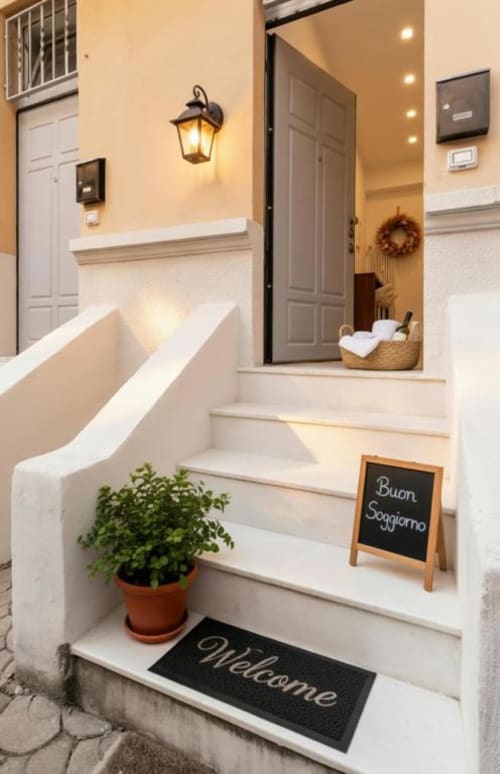 Ingresso accogliente dell'appartamento Family Loft presso A Casa di Imma, Milano Fashion District, con cartello di benvenuto e pianta in vaso