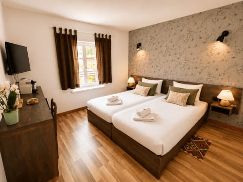 Chambre twin avec vue sur le jardin à Au Bon Gîte à Senones, deux lits, bureau en bois, TV et papier peint à motifs