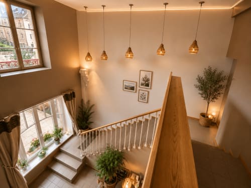 Escalier contemporain de l'Au Bon Gîte à Senones : rampe en bois, luminaires suspendus et plantes en pot
