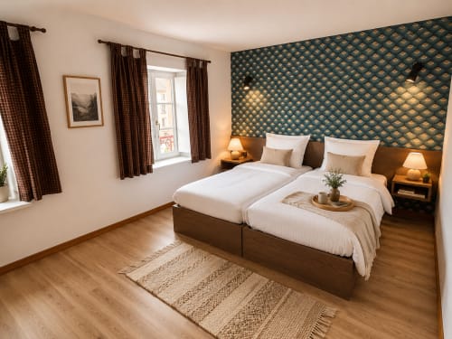 Chambre twin avec literie blanche à l'Au Bon Gîte B&B à Senones, tête de lit à motifs et éclairage chaleureux