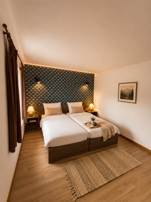 Chambre d'hôtel avec lit jumeaux à Au Bon Gîte à Senones, tête de lit capitonnée, draps blancs et parquet