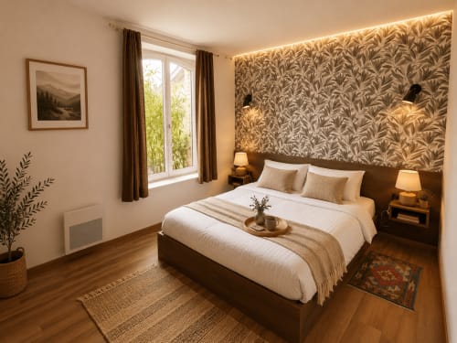 Élégante chambre double au Bon Gîte avec vue sur jardin, décoration marron, parquet et papier peint floral
