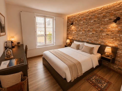 Chambre double avec mur en briques apparentes, lit queen-size, vue sur le jardin, bureau et éclairage chaleureux à Au Bon Gîte B&B à Senones