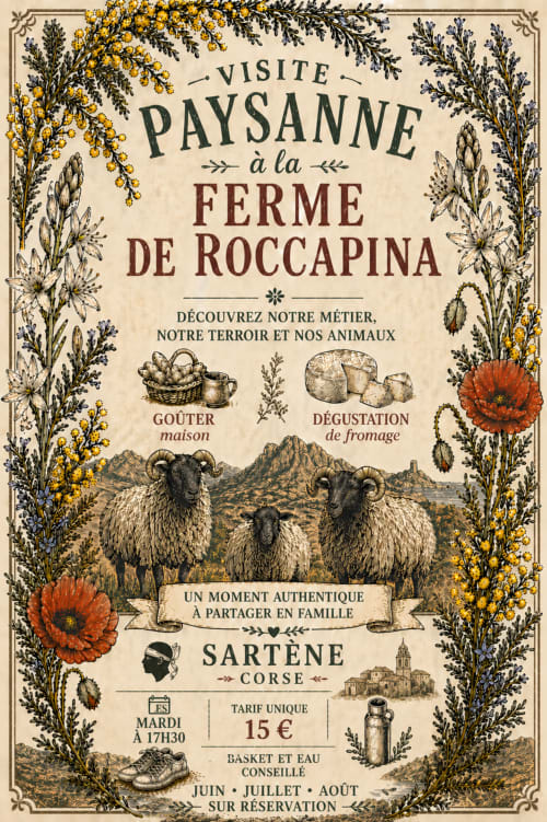 Affiche vintage de l'agritourisme Ferme de Roccapina à Sartène, Corse, présentant moutons et produits locaux
