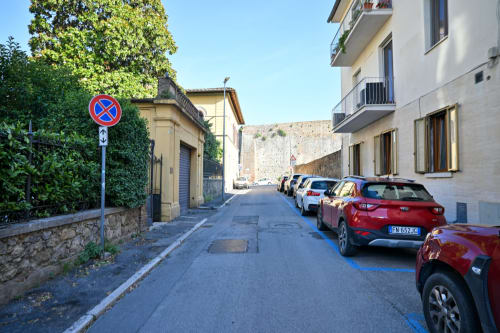 Stretta via europeo a Siena con auto parcheggiate, edifici ricoperti di edera e cartello di divieto di sosta