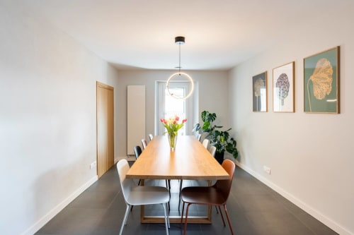 Modern dining room at Camere d'Aria BnB in Locana with wooden table, contemporary chairs, pendant light, and botanical