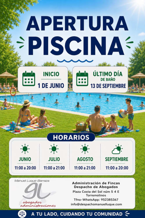 Apertura de la piscina en Torremolinos, 1 de junio - 13 de septiembre, horario 11h-21h