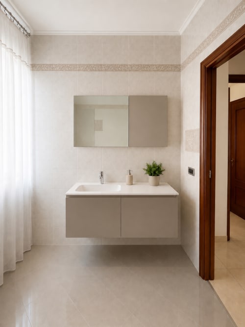 Bagno moderno in Appartamento Lisa presso Residenza Sant'Antonio con lavabo sospeso, mobile specchio e design in tonalità neutre