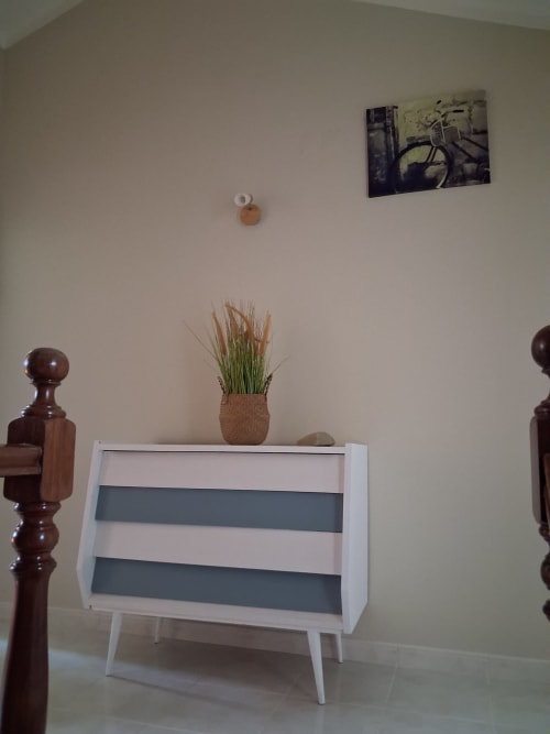 Moderner Mid-Century Kommode mit Topfpflanze in der Wohnung Tininha da Ilha im Furnaka Village, Lourinhã