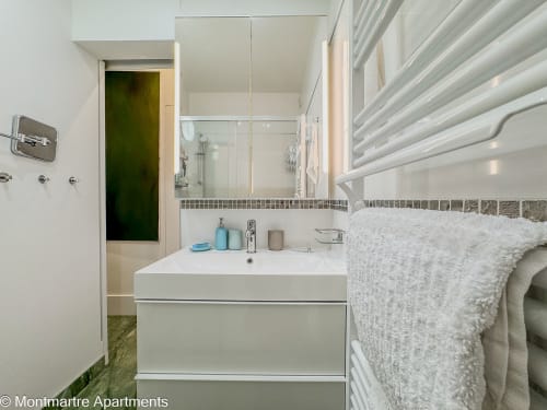 Modern bathroom in Montmartre Apartments with white vanity, shower, towel rack, and mirror in Paradis Artistique apartment