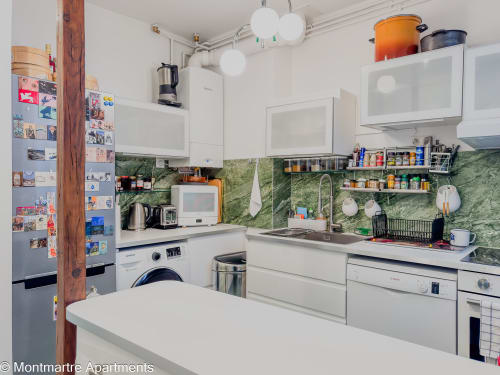 Modern kitchen at Montmartre Apartments Paris with white cabinets, green marble backsplash, and dining counter