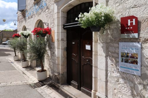 Entrée de l'hôtel Le Pavillon Saint Martin à Souillac avec des fleurs rouges et des fleurs blanches en jardinières