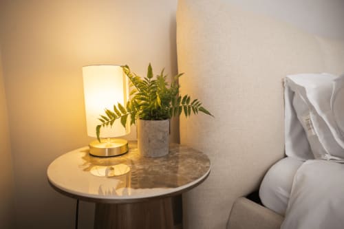 Bedside table with illuminated lamp and potted fern plant in The Oriel Loft apartment at Stay at Wellington Circus,