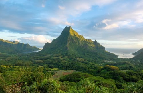 Paysage montagneux volcanique verdoyant avec vue sur la baie, Moorea, Polynésie française