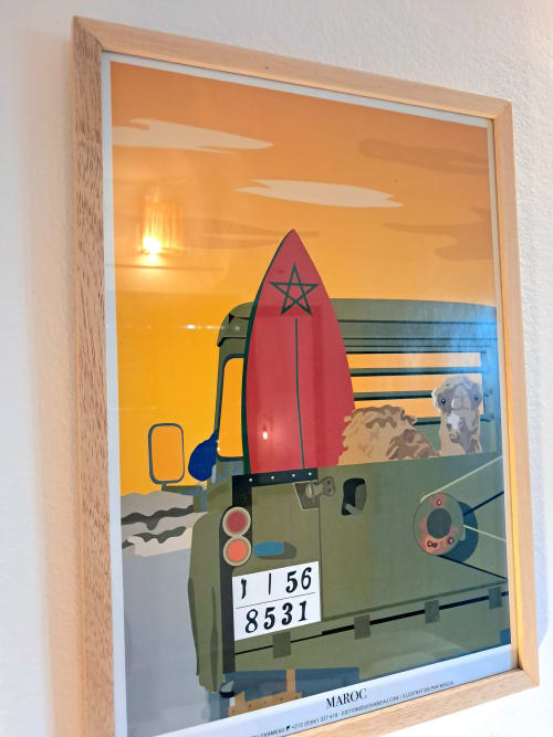 Vintage Moroccan military truck with red rocket artwork, Vent Des Dunes hotel decor, Essaouira