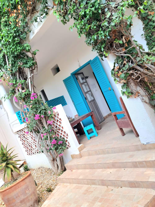Charming blue shuttered entrance to Vent Des Dunes hotel in Essaouira with ivy-covered walls and pink flowers