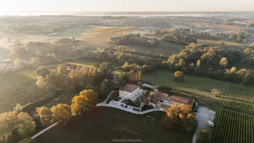 Château ERIGOYE aerial view, luxury B&B in Beychac-et-Caillau surrounded by autumn vineyards and countryside