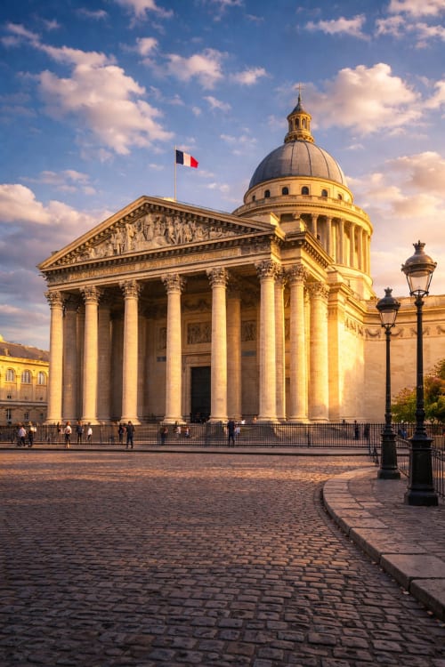 Dôme et colonnes du Panthéon à Paris, France près des Appartements ATHEA avec drapeau français