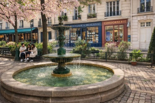 Charmante cour parisienne avec fontaine centrale, cerisiers en fleurs et façades historiques près d'ATHEA Appartements