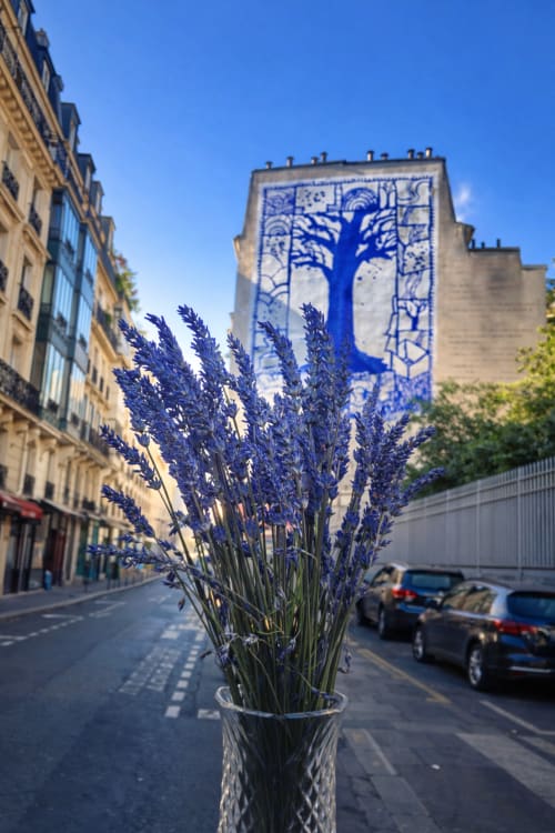Fleurs de lavande violette devant une fresque murale parisienne, ATHEA Appartements Paris
