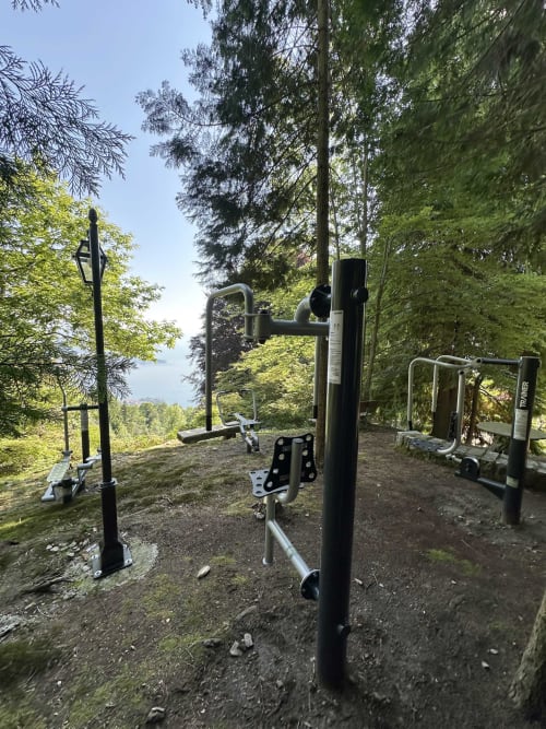 Outdoor fitness equipment in a serene forest setting at luxury Lake Maggiore retreat near Stresa, Italy