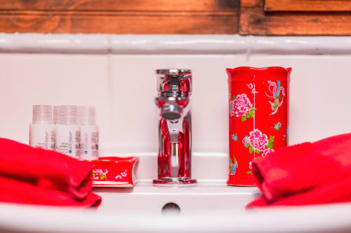 Savons rouges décoratifs et flacons de parfum sur l'étagère de la salle de bain à La Verdine roulette, Gîtes du Rouard, Camiers
