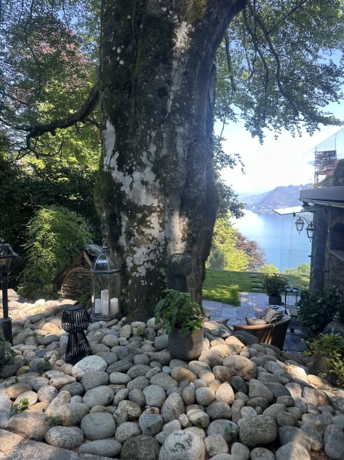 Luxury spa retreat courtyard with ancient tree, stone seating, and Lake Maggiore view in Stresa, Italy