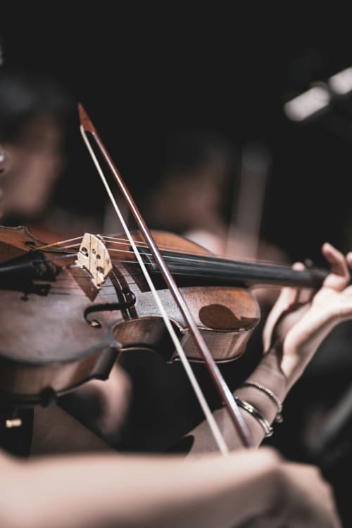 Músico tocando violín en el albergue Yasi en Lyon, Francia durante una actuación en vivo