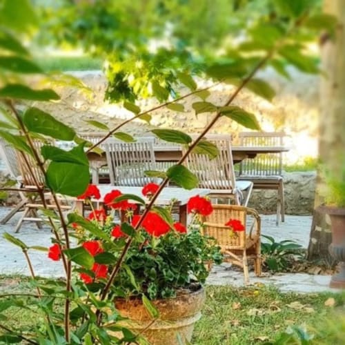 Des géraniums rouges en fleurs encadrent la terrasse du Domaine de Labrousse, chambres d'hôtes en Périgord, France