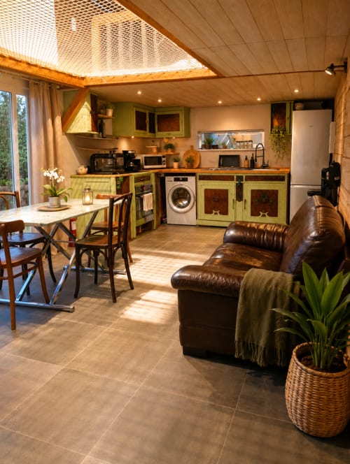 Cuisine-séjour cosy du gîte de Chaparon avec mobilier vert, sièges en cuir et vue sur les montagnes