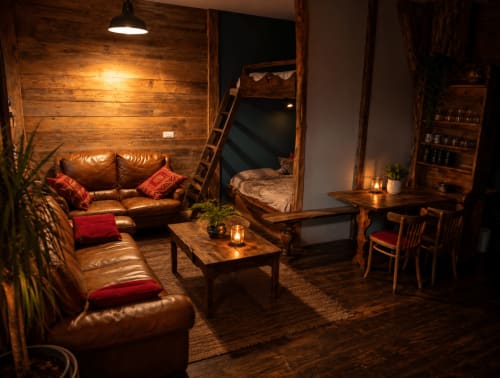 Chambre douillette du gîte de montagne Le gîte de Chaparon avec sièges en cuir, poutres apparentes et lit mezzanine