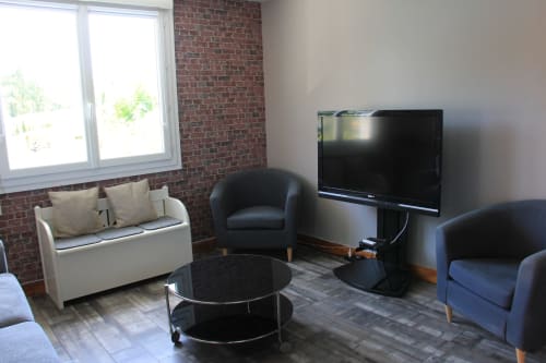Salon moderne avec mur de briques, TV écran plat, table basse noire et fauteuils bleus à La Pause Landaise