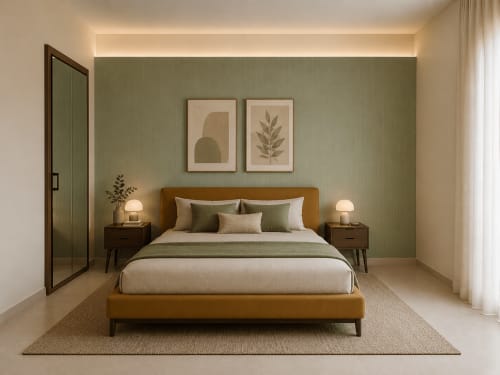 Modern bedroom at Stella CasaBono hotel in Sulmona with green accent wall, wooden bed frame, and botanical artwork